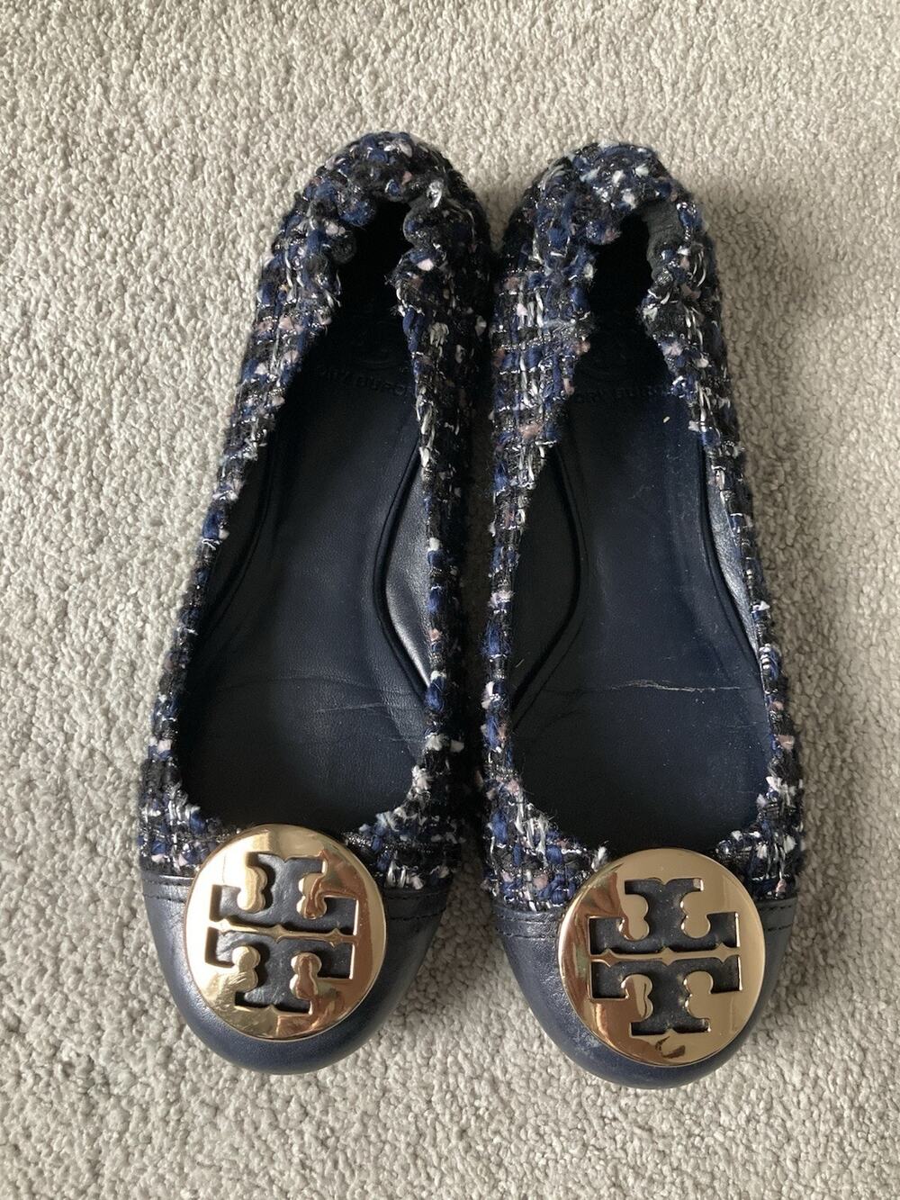 Tory Burch Serena 2 Blue Tweed Leather Ballet Flats Size 7 Classy Preppy Career